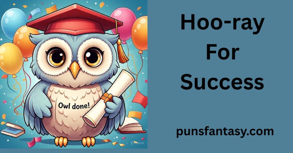 cute cartoon owl in a graduation cap holding a diploma, surrounded by ballons and books with the pun owl done