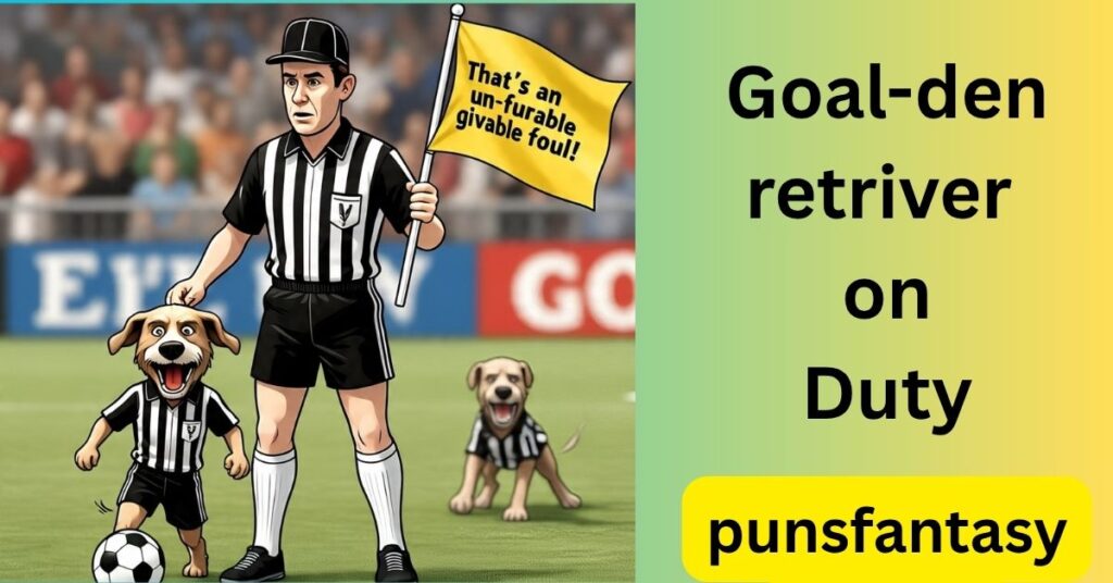 cartoon of dogs and referee in football uniform with a funny pun