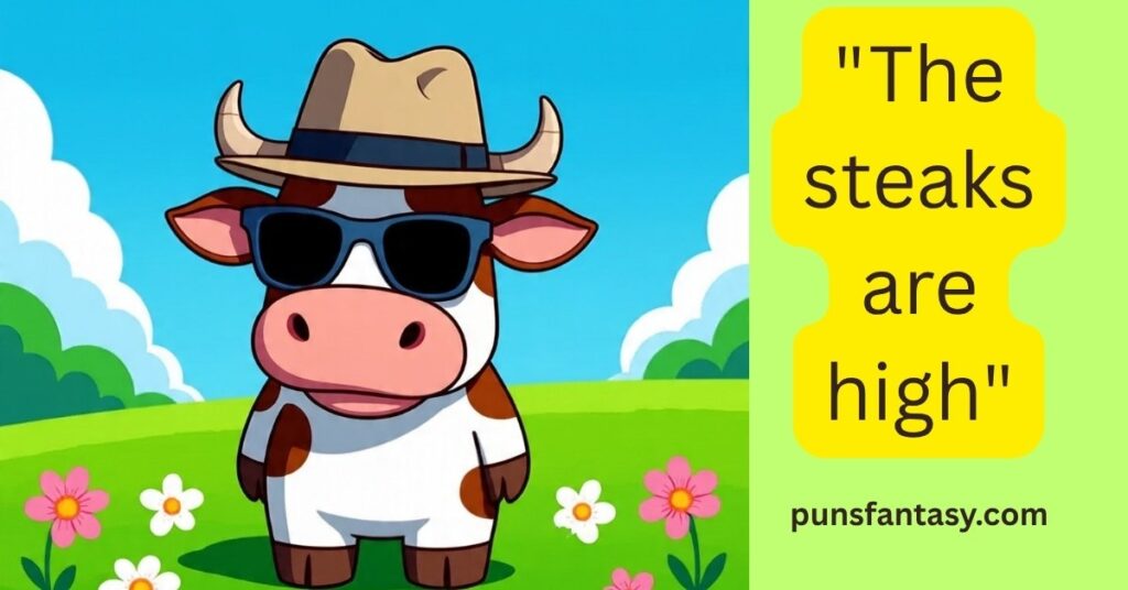 Cow pun cartoon feeling steaks are high