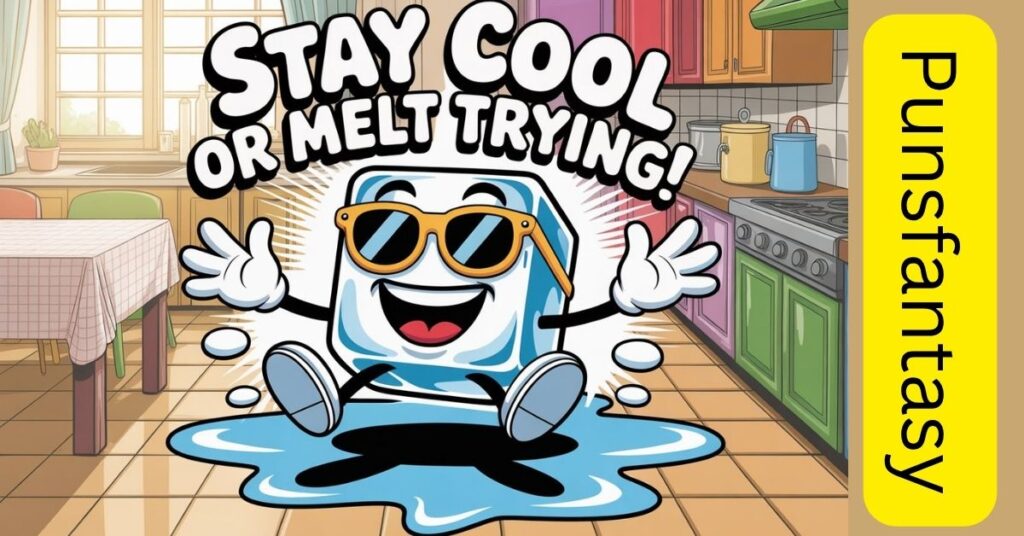 Cartoon ice cube with sunglasses saying a cool ice joke