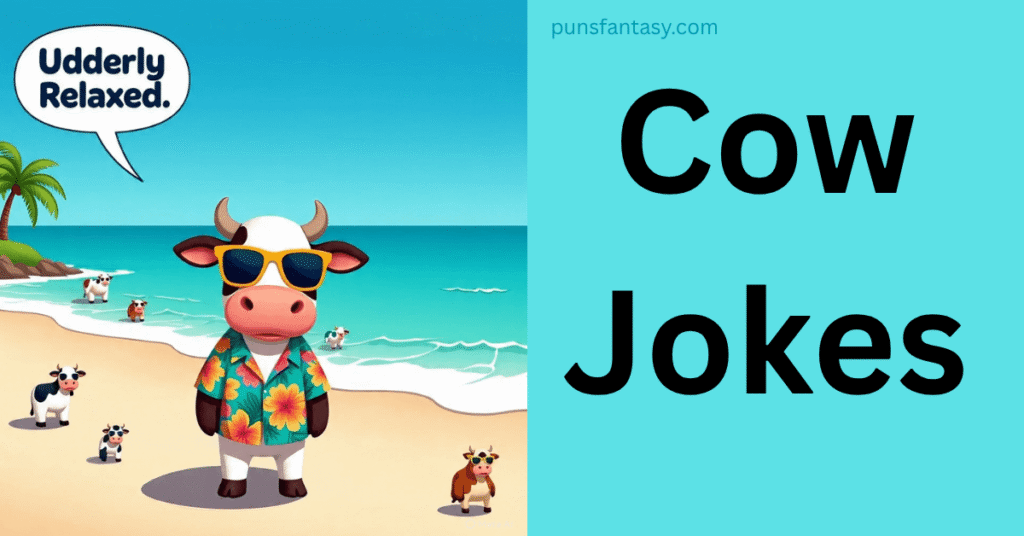 Funny cow jokes illustration on beach