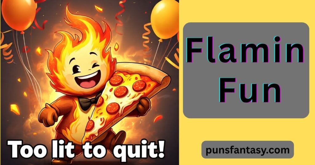 Cute fire cartoon holding pizza slice - funny cartoon fire pun illustration