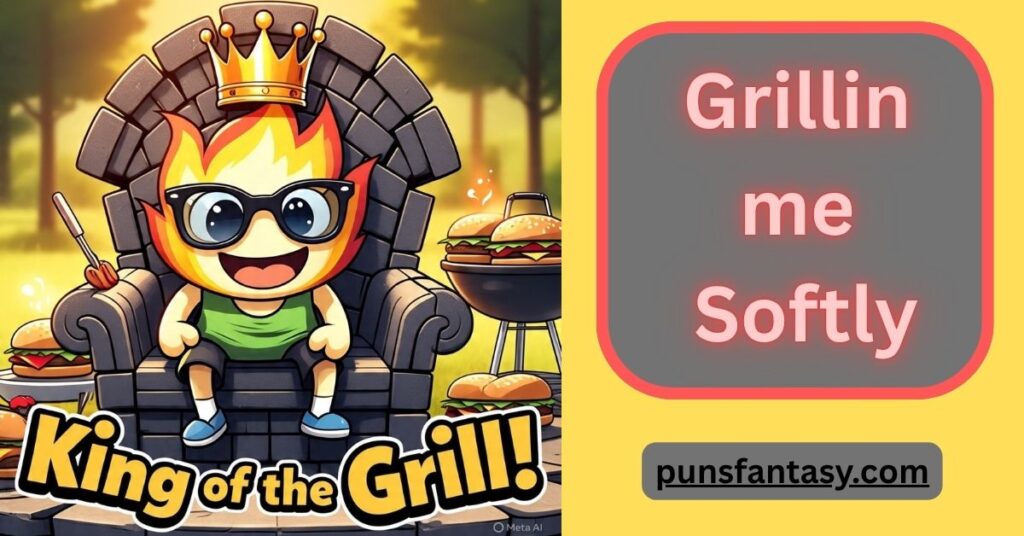 cartoon flame dad on throne with grill-funny fire dad jokes illustration