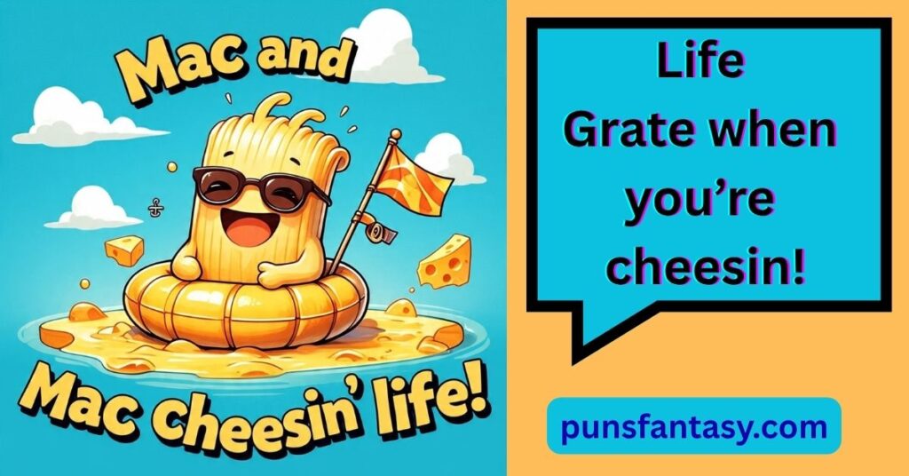 cute cartoon macaroni relaxing in a pool float with cheese-funny pasta jokes image