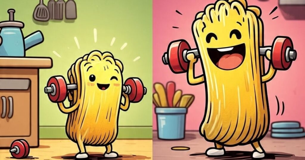 cute cartoon spaghetti lifting weights- perfect for spaghetti puns content