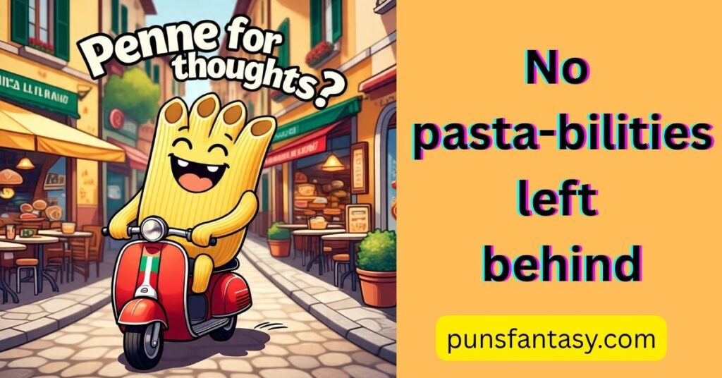cartoon penne pasta on a scooter in italy- pasta jokes image