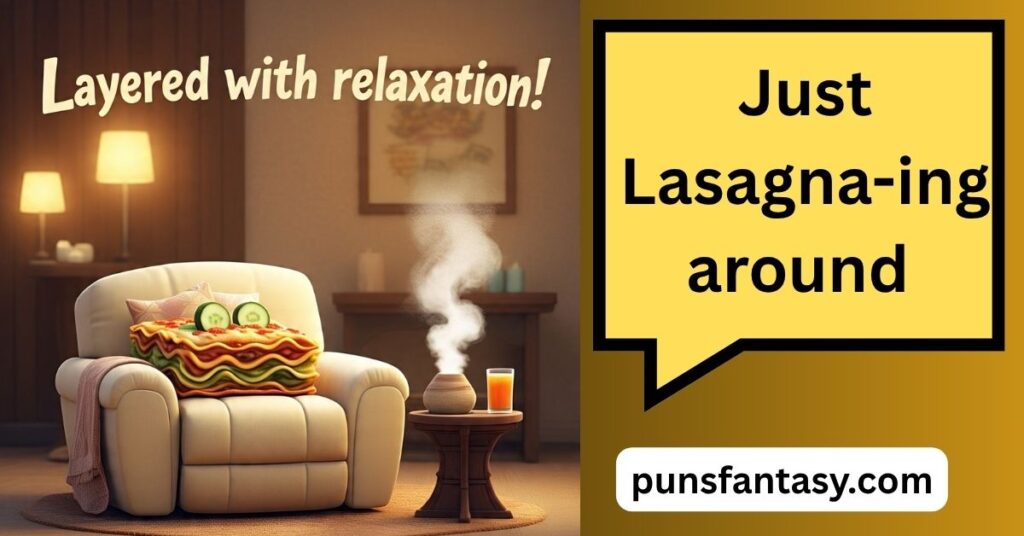cartoon lasagna relaxing on a couch with steam in the background - a cheesy pasta pun illustration