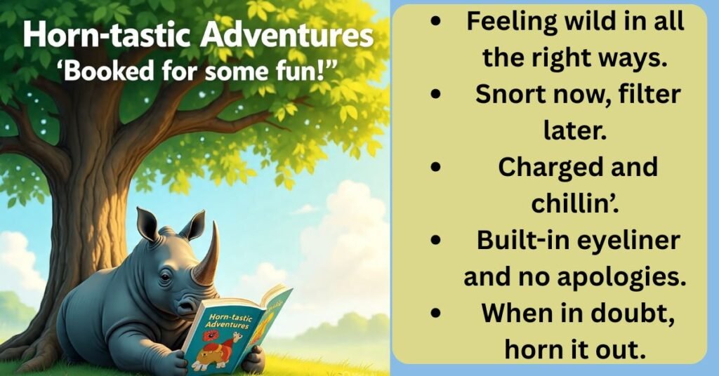 cute rhino female enjoying book reading